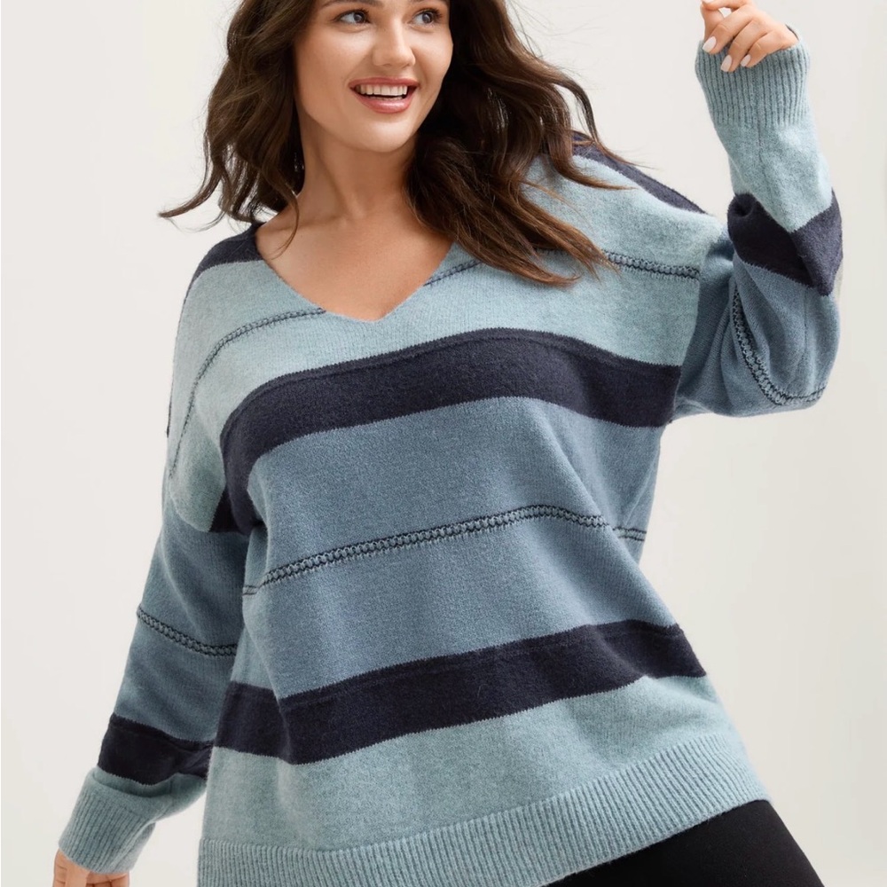 Bloomchic Striped Print Color Contrast Pullover (Stone)